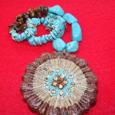 Turquoise & Brown Statement Pendant Necklace 