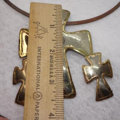 Silver Tone & Copper Cross Necklace & Post Earrings Set
