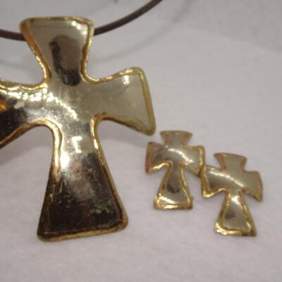Silver Tone & Copper Cross Necklace & Post Earrings Set