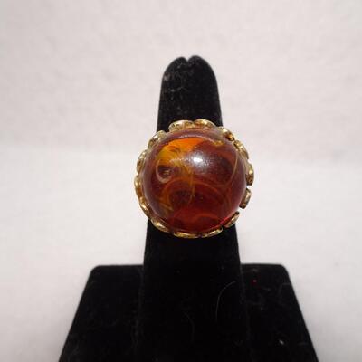 Gold Tone Amber Colored Adjustable Statement Ring 