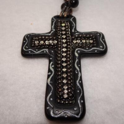 Black Rhinestone Statement Cross Pendant Necklace 