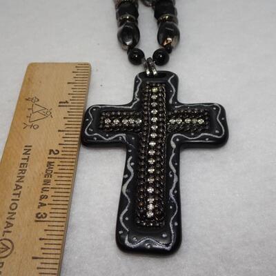 Black Rhinestone Statement Cross Pendant Necklace 