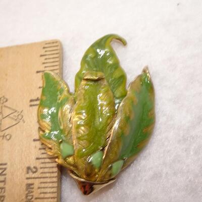 Gold Tone Enamel Leaf Brooch IC