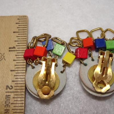 Vintage Rainbow Blocks Clip Earrings 