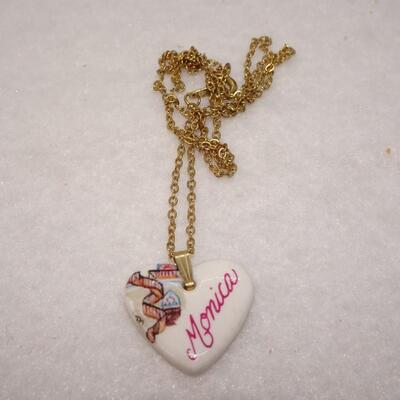 Porcelain Heart Pendant, "Monica" Gold Tone Chain 