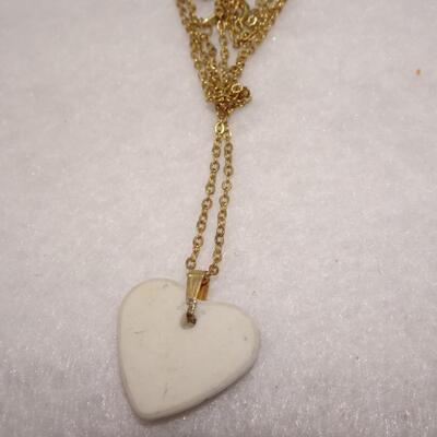 Porcelain Heart Pendant, "Monica" Gold Tone Chain 