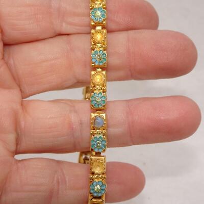 Gold Tone Blue Flower Bracelet, Dainty, Missing Pearls 