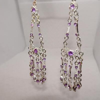 Silver Tone Chandelier Purple Rhinestone Earrings 