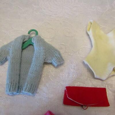 LOT 18  VINTAGE BARBIE CLOTHES KNIT SWEATER, RED DRESS, GREEN PANTS AND MORE 