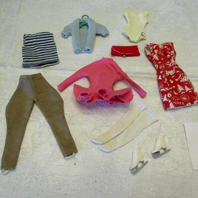 LOT 18  VINTAGE BARBIE CLOTHES KNIT SWEATER, RED DRESS, GREEN PANTS AND MORE 