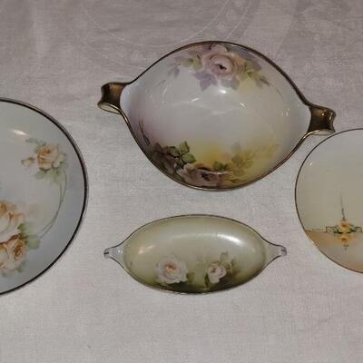 Lot 159: Hand Painted Rose Dishes marked pieces Prussia, Germany, Nippon and Everett