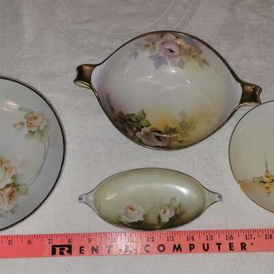 Lot 159: Hand Painted Rose Dishes marked pieces Prussia, Germany, Nippon and Everett