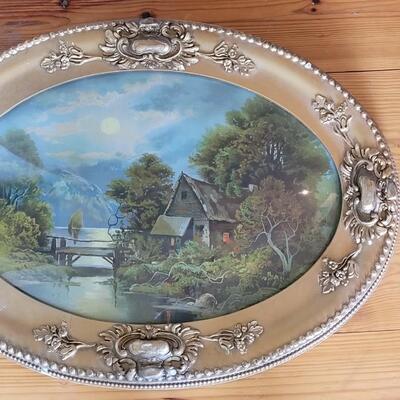 Lot 161: Antique Gold Gilt Wood Frame with Antique Cabin in the Mountains Print