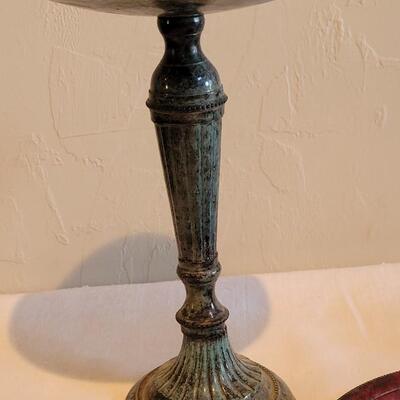 Lot 162: Red Metal Candleholder, Patina Metal Vase and Pedestal Deco