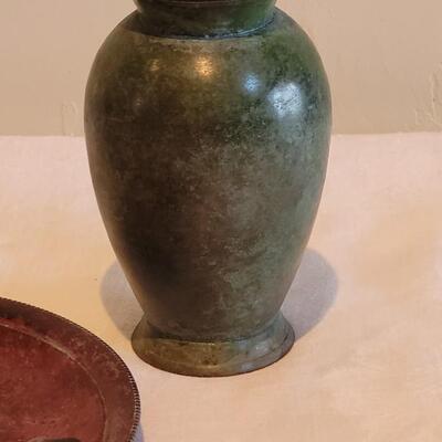 Lot 162: Red Metal Candleholder, Patina Metal Vase and Pedestal Deco