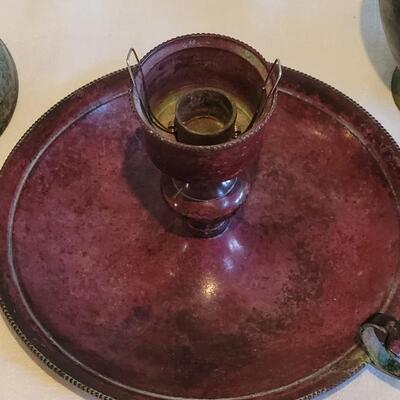 Lot 162: Red Metal Candleholder, Patina Metal Vase and Pedestal Deco