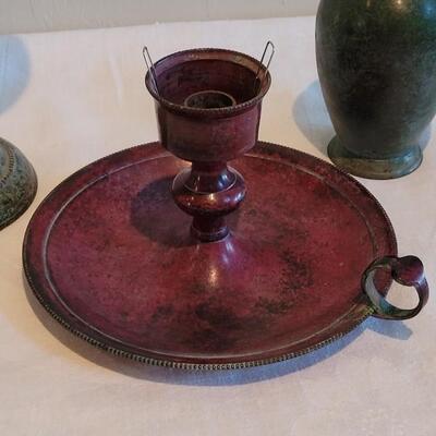 Lot 162: Red Metal Candleholder, Patina Metal Vase and Pedestal Deco