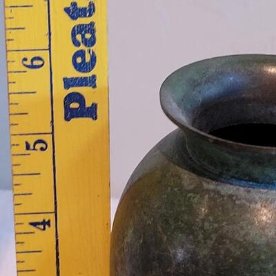 Lot 162: Red Metal Candleholder, Patina Metal Vase and Pedestal Deco