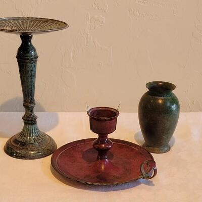 Lot 162: Red Metal Candleholder, Patina Metal Vase and Pedestal Deco