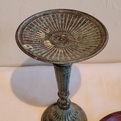 Lot 162: Red Metal Candleholder, Patina Metal Vase and Pedestal Deco