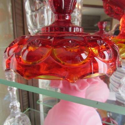 LOT 54 GLASS CANDY DISH & MATCHING VASES