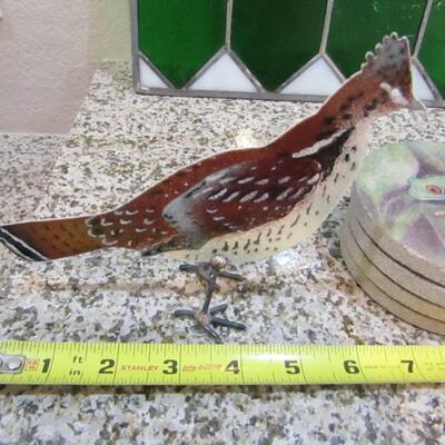 LOT 76 STAINED GLASS, METAL PHEASANT AND STONE COASTERS