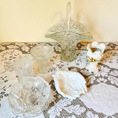 LOT 178  GROUP OF ANTIQUE TABLEWARE MILK GLASS PRESSED GLASS CANDY DISHES