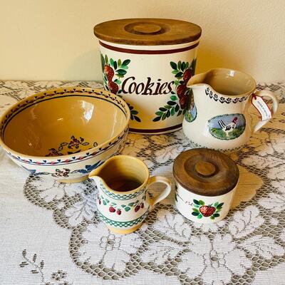 LOT 184 ST  GROUP OF KITCHEN STONEWARE COOKIE JAR JAM POT BOWL PITCHER & CREAMER
