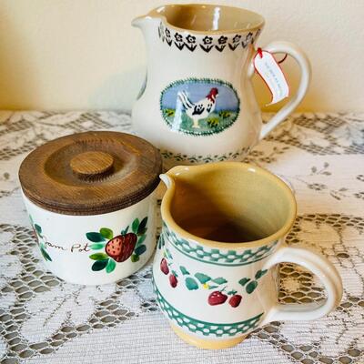 LOT 184 ST  GROUP OF KITCHEN STONEWARE COOKIE JAR JAM POT BOWL PITCHER & CREAMER