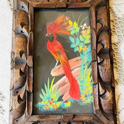 LOT 186 ST  VINTAGE FEATHER BIRD PICTURES CARVED FRAMES