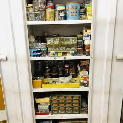 LOT 196  VINTAGE WHITE UTILITY CABINET PACKED WITH NAILS SCREWS BOLTS NUTS FASTENERS 
