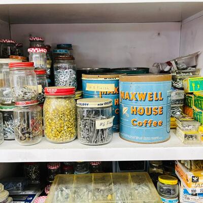 LOT 196  VINTAGE WHITE UTILITY CABINET PACKED WITH NAILS SCREWS BOLTS NUTS FASTENERS 