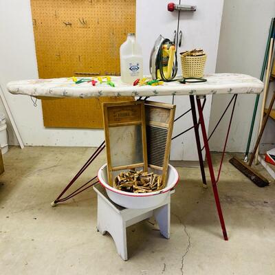 LOT 200  VINTAGE LAUNDRY DAY IRONING BOARD IRON WASHBOARDS BASIN CLOTHES PINS