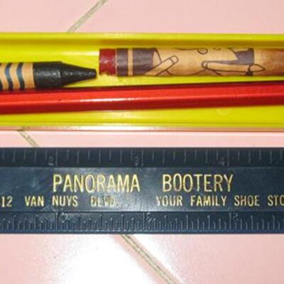 Lot 205  MS Group 40+ Vintage Plastic Pencil Boxes School Ruler Panorama Bootery