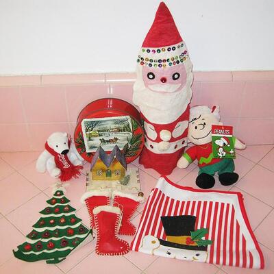 Lot 209 MS Group Christmas Felt Santa Wine Bottle Cozy Apron Charlie Brown Coke Bear Fanny Farmer