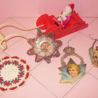 Lot 210 MS Group Antique Christmas Decorations Plastic Santa & Sleigh Wired Ornament Angels Bead Matt