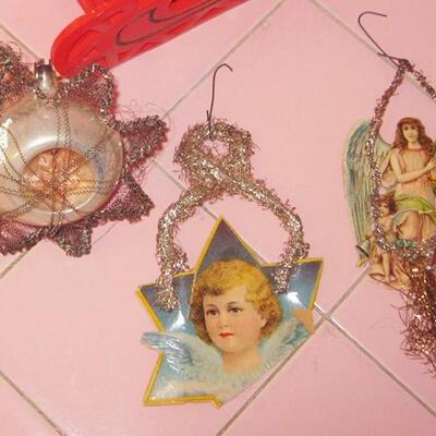 Lot 210 MS Group Antique Christmas Decorations Plastic Santa & Sleigh Wired Ornament Angels Bead Matt