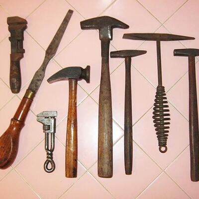 Lot 211 MS Group Antique Tools 5 Hammers 2 Wrenches Lathe Chisel Cobbler