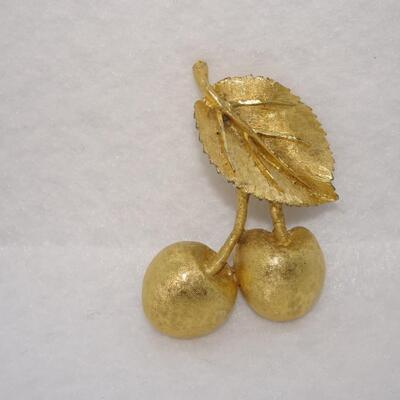 Vintage Gold Tone Double Cherry Pin Brooch 