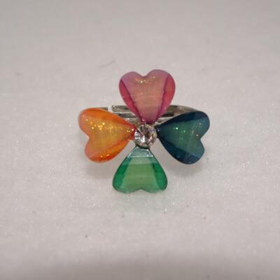 Childs Rainbow Clover Heart Adjustable Ring - Cute! 