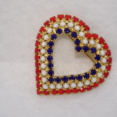 Red, White Blue Rhinestone Patriotic Heart Brooch 