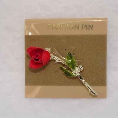 Enamel Red Rose, Gold Tone Flower Pin 