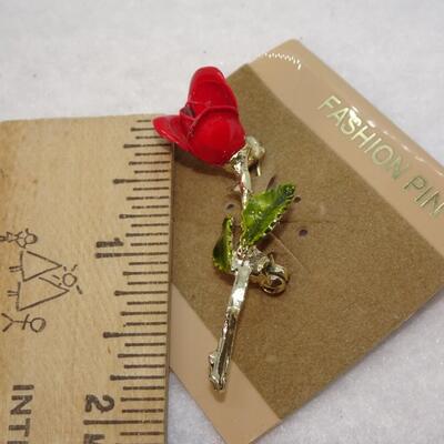 Enamel Red Rose, Gold Tone Flower Pin 