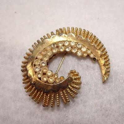Swirl Rhinestone Gold Tone Pin - missing stones, craft piece 