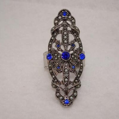 Silver Blue Rhinestone Victorian Statement Ring, Adjustable 