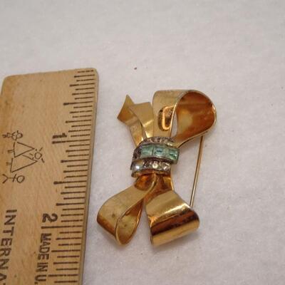 Vintage CORO Gold Rhinestone Bow Pin - missing stones 