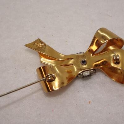 Vintage CORO Gold Rhinestone Bow Pin - missing stones 