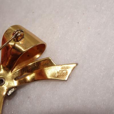 Vintage CORO Gold Rhinestone Bow Pin - missing stones 