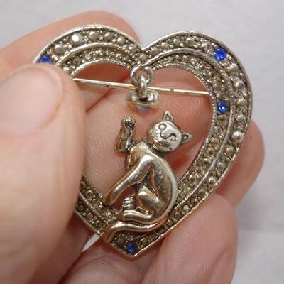 Silver Tone Blue Rhinestone Kitten Heart Pin 
