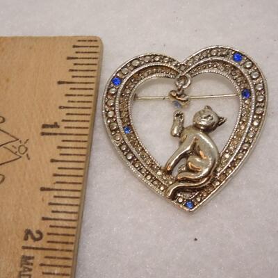 Silver Tone Blue Rhinestone Kitten Heart Pin 